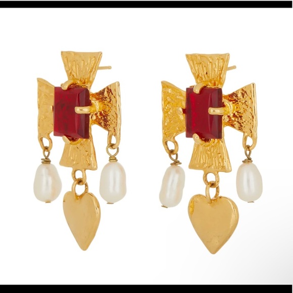 18k Plated | Cross | Heart Motif | Colored Glass Stones Cultured Pearl Drops NIB - Picture 5 of 15